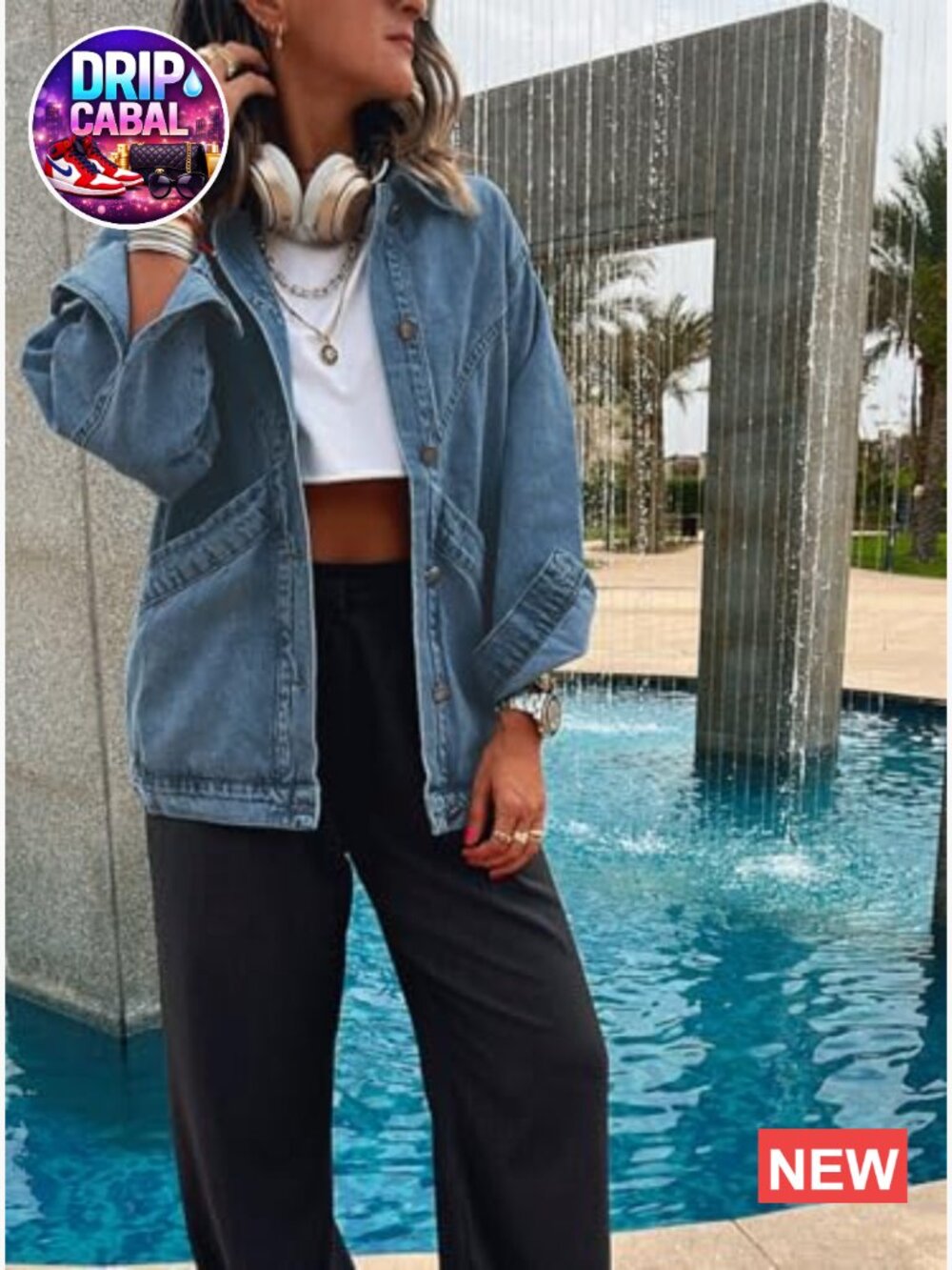 Oversized Button Up Denim Jacket Shacket Long Sleeve with Pockets - Picture 6 of 6